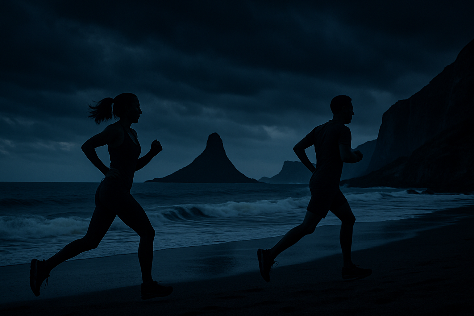 A man and woman distantly running hard exercising on a beach in Sicily Italy with cool dark color scheme 